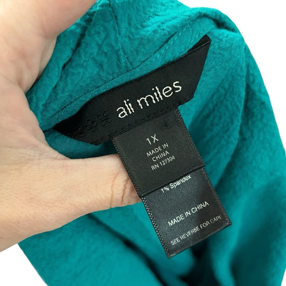 Ali Miles Crinkle Cowl Neck Tunic Top 1X Teal 3/4 Sleeves Artsy Lagenlook Casual - Picture 4 of 8